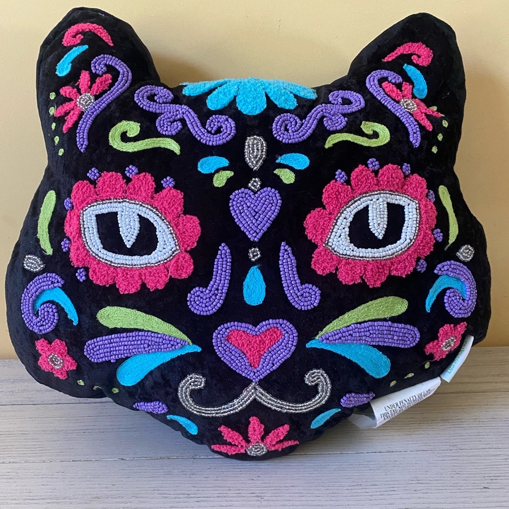 Dia De Los Muertos Beaded Cat Pillow